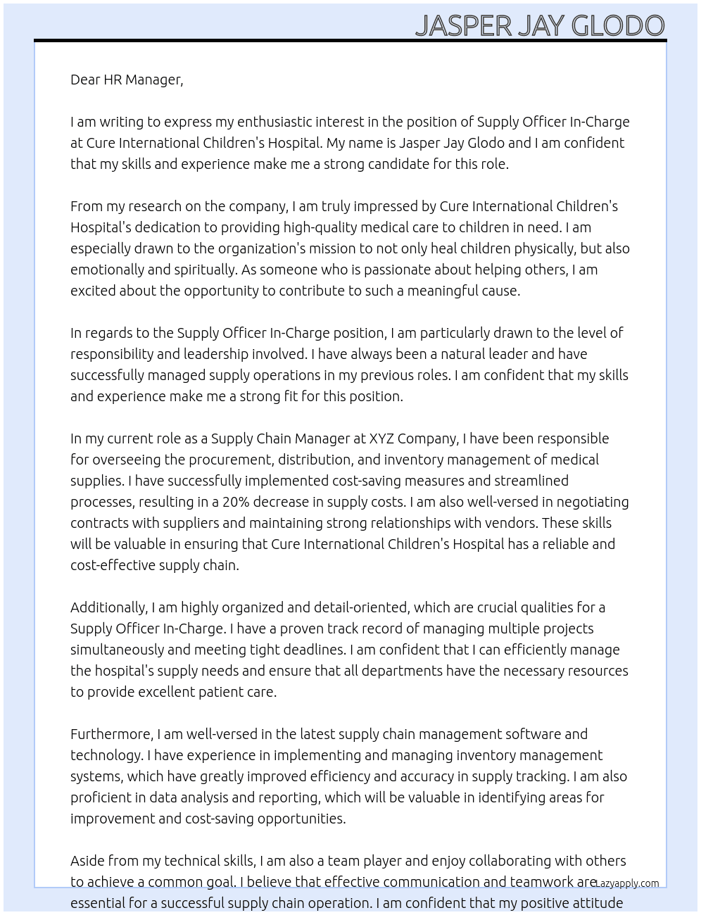 Supply Officer In-Charge At Cure International Childrens Hospital Cover Letter