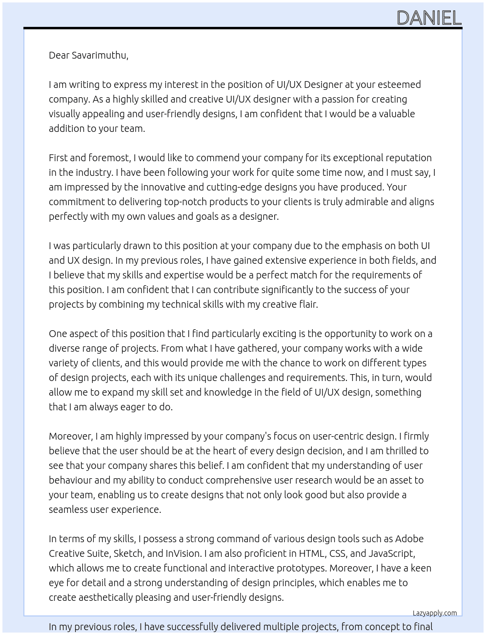 UI /UX designer At Savarimuthu Cover Letter