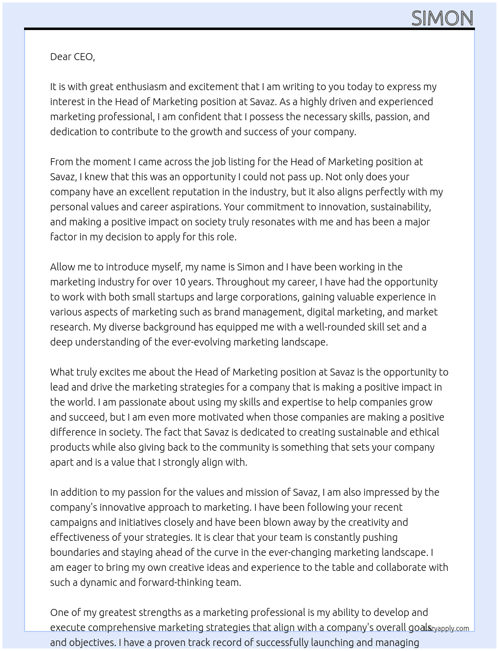 Head of marketing At Savaz Cover Letter