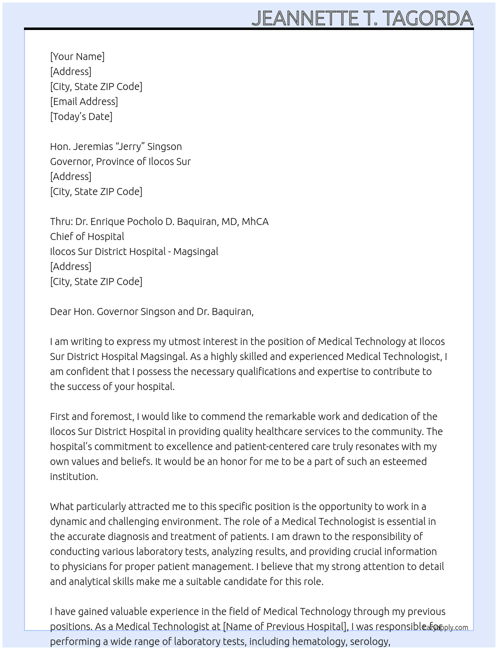 Medical Technology  At Ilocos Sur District Hospital Magsingal Cover Letter