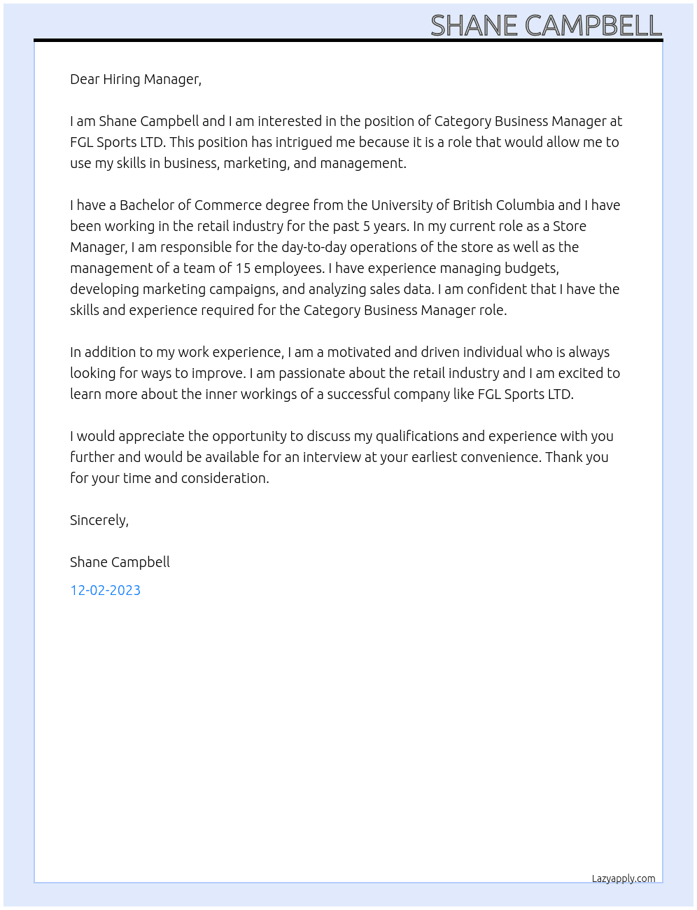 Category Business Manager At FGL Sports LTD Cover Letter