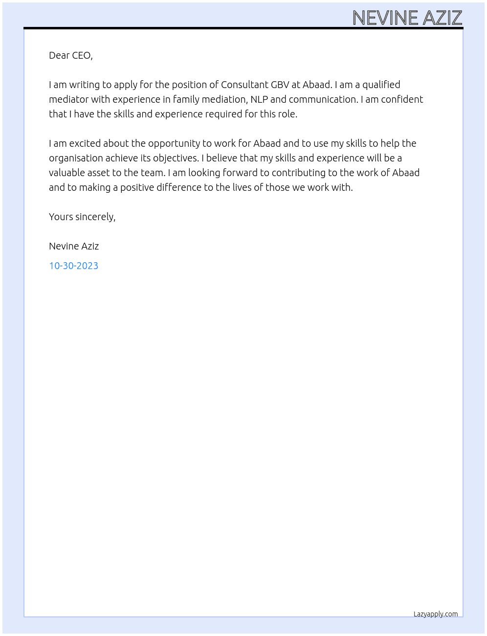Consultant gbv  At Abaad  Cover Letter