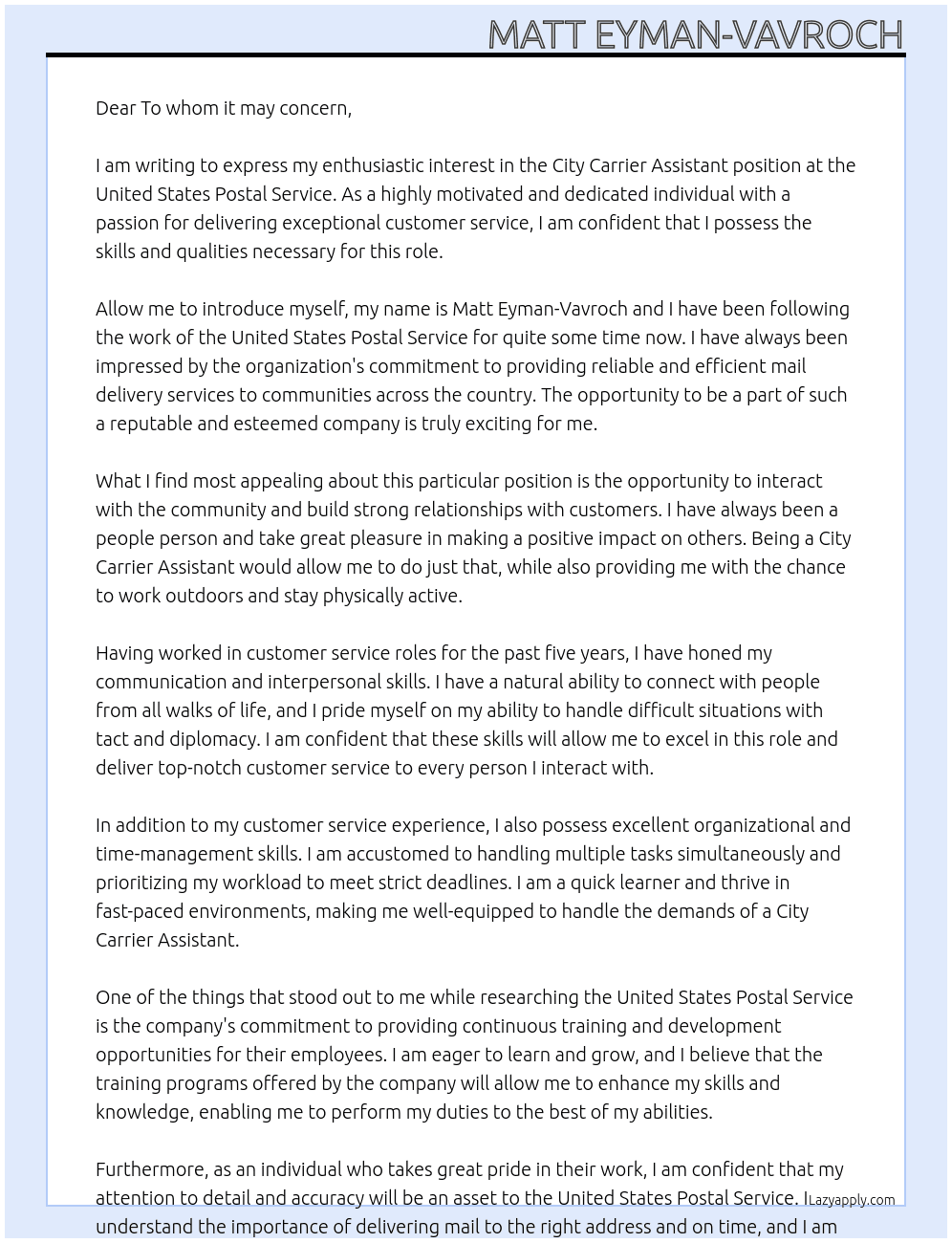 City Carrier Assistant  At United States Postal Service Cover Letter