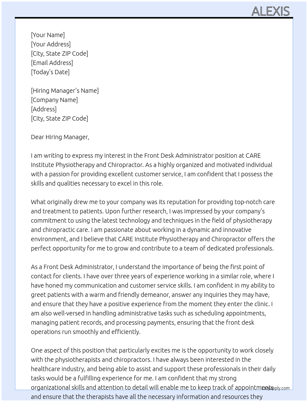 Front Desk Administrator  At CARE institute Physiotherapy and Chiropractor  Cover Letter