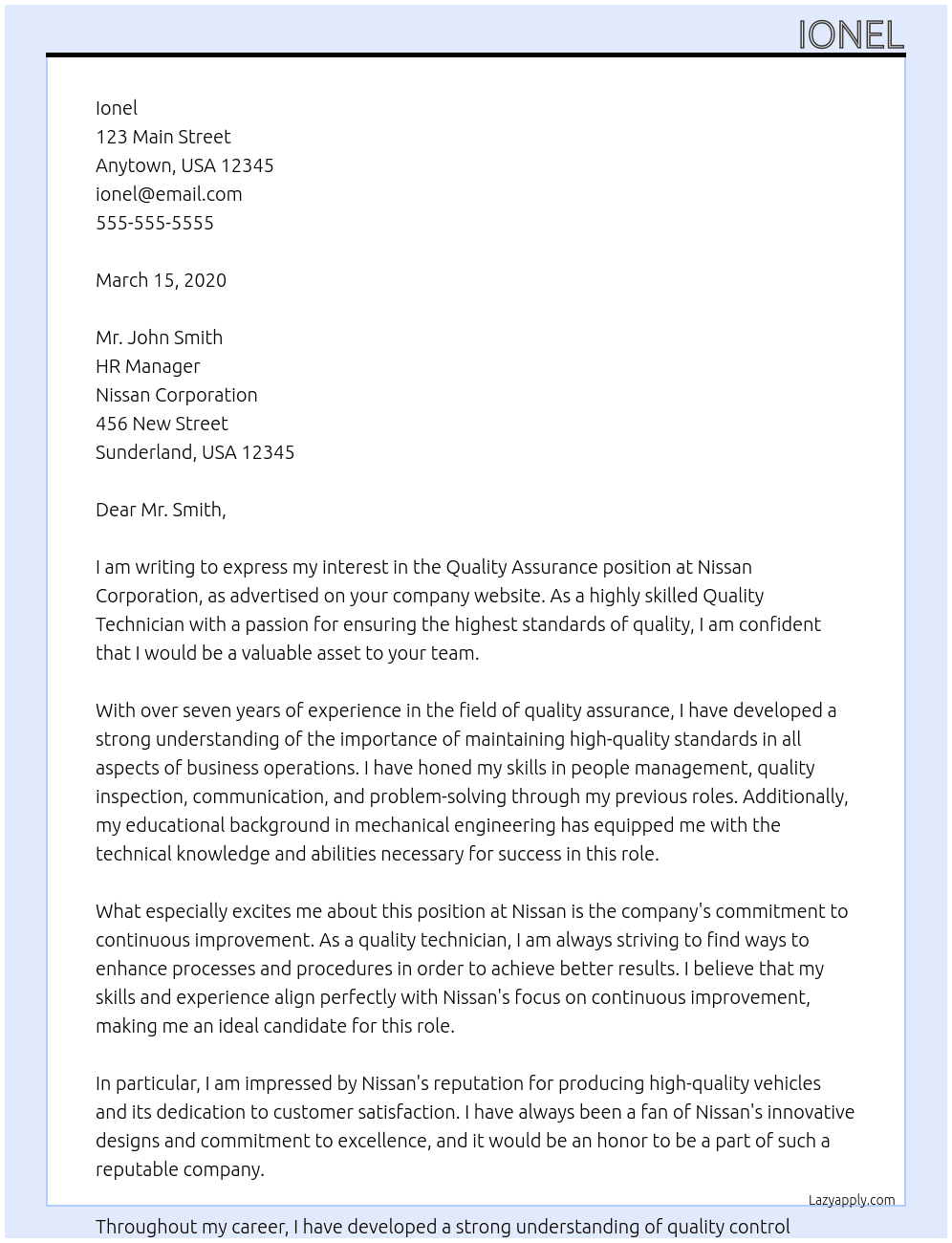 quality assurance  At nissan Cover Letter