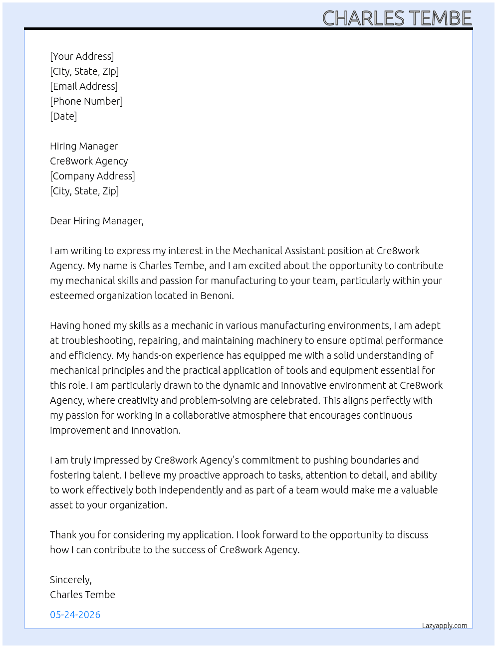 Mechanical assistance  At Cre8work Agency  Cover Letter