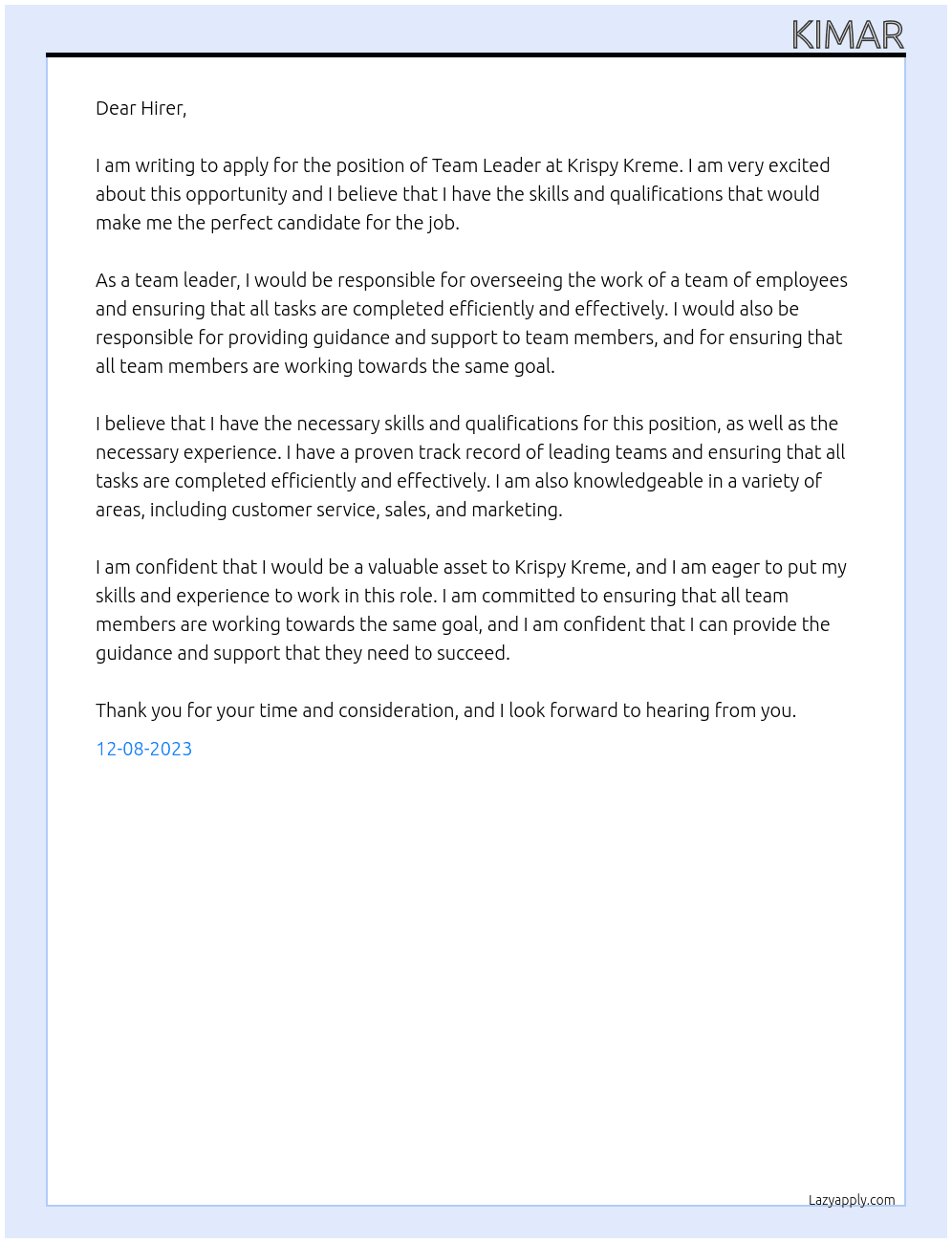 Team Leader At Krispy Kreme Cover Letter