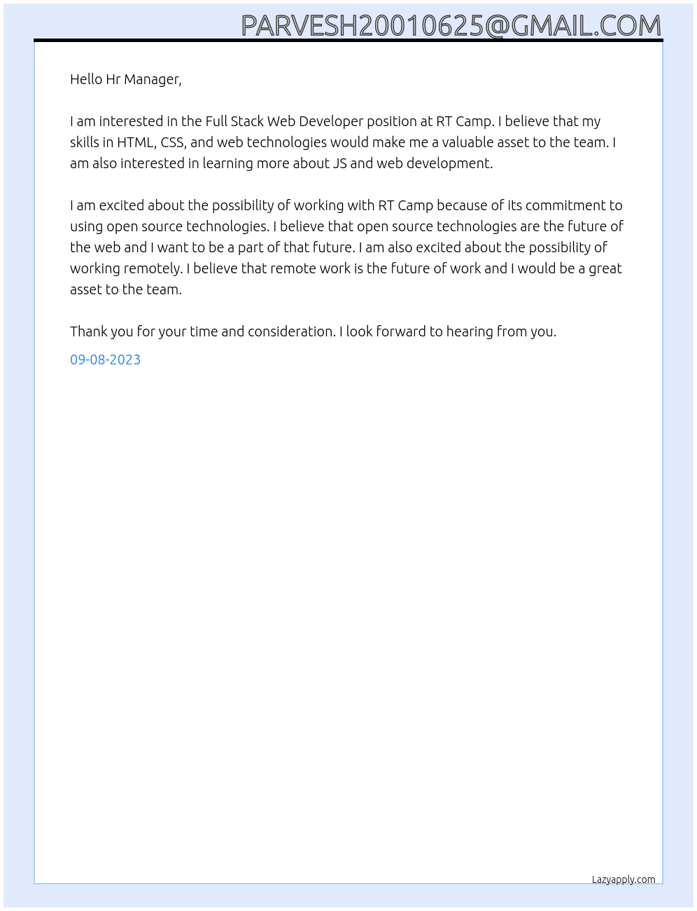 Full Stack Web Developer  At RT Camp Cover Letter