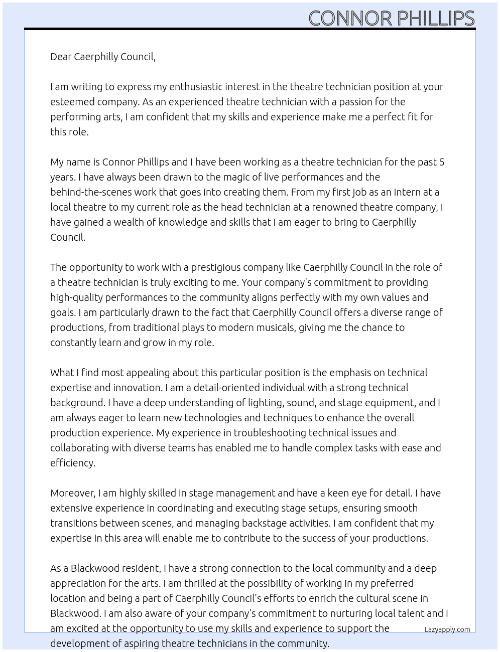 theatre technician At Caerphilly Council Cover Letter