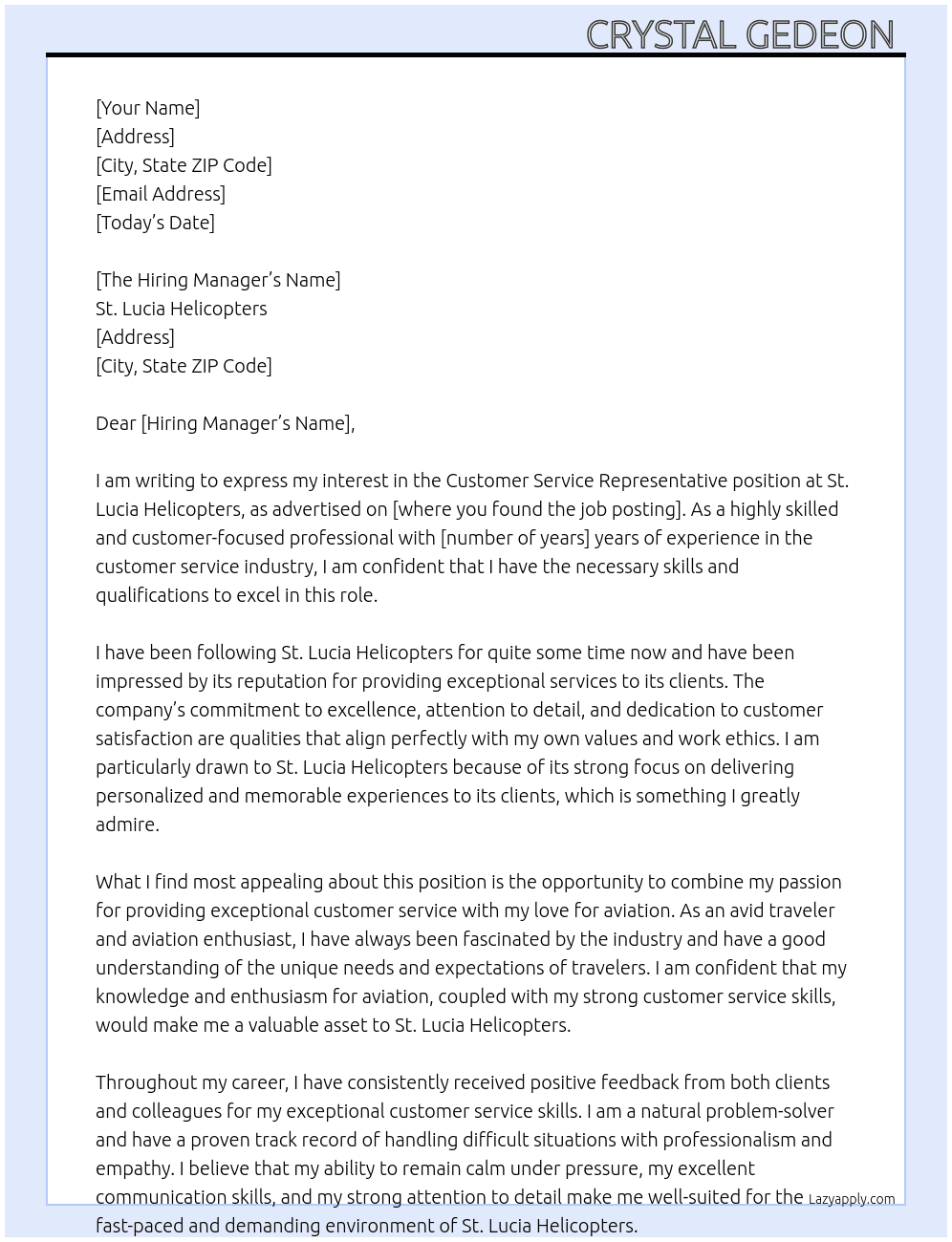 Customer Service Representative  At St. Lucia Helicopters  Cover Letter