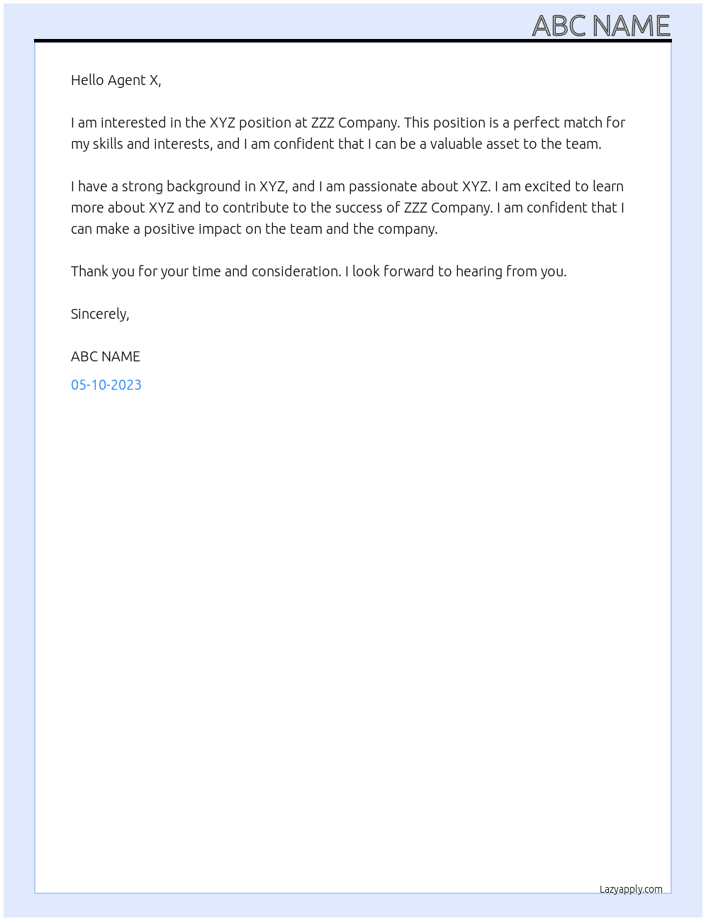 XYZ At ZZZ Company Cover Letter