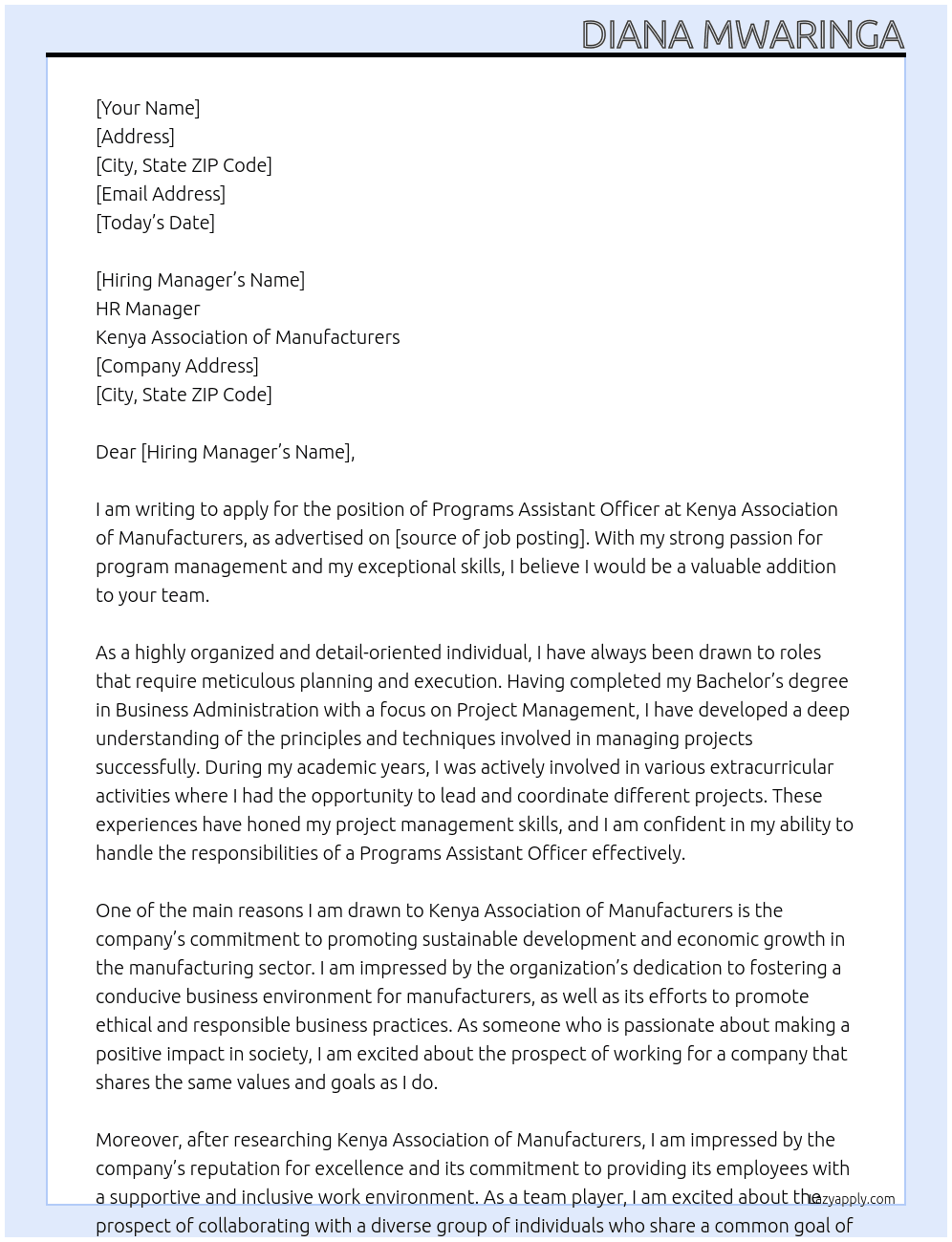 Programs Assistant Officer At Kenya Association of Manufacturers Cover Letter