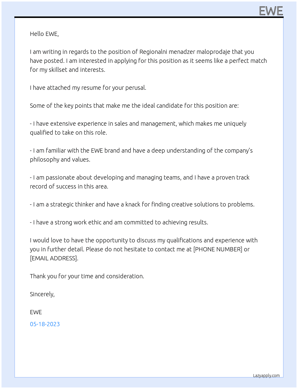 Regionalni menadzer maloprodaje  At EWE Cover Letter