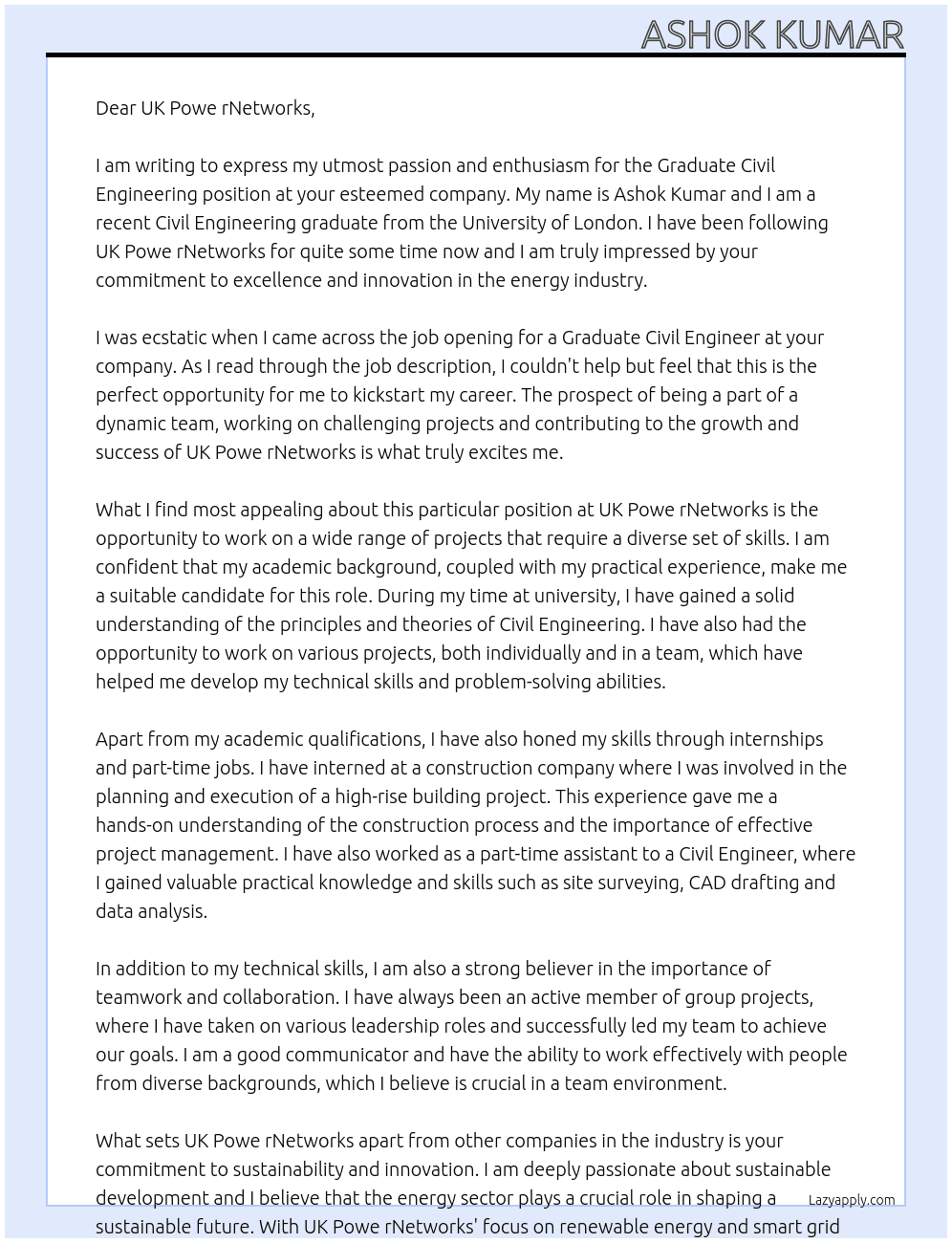 Graduate Civil Engineering At UK Powe rNetworks Cover Letter