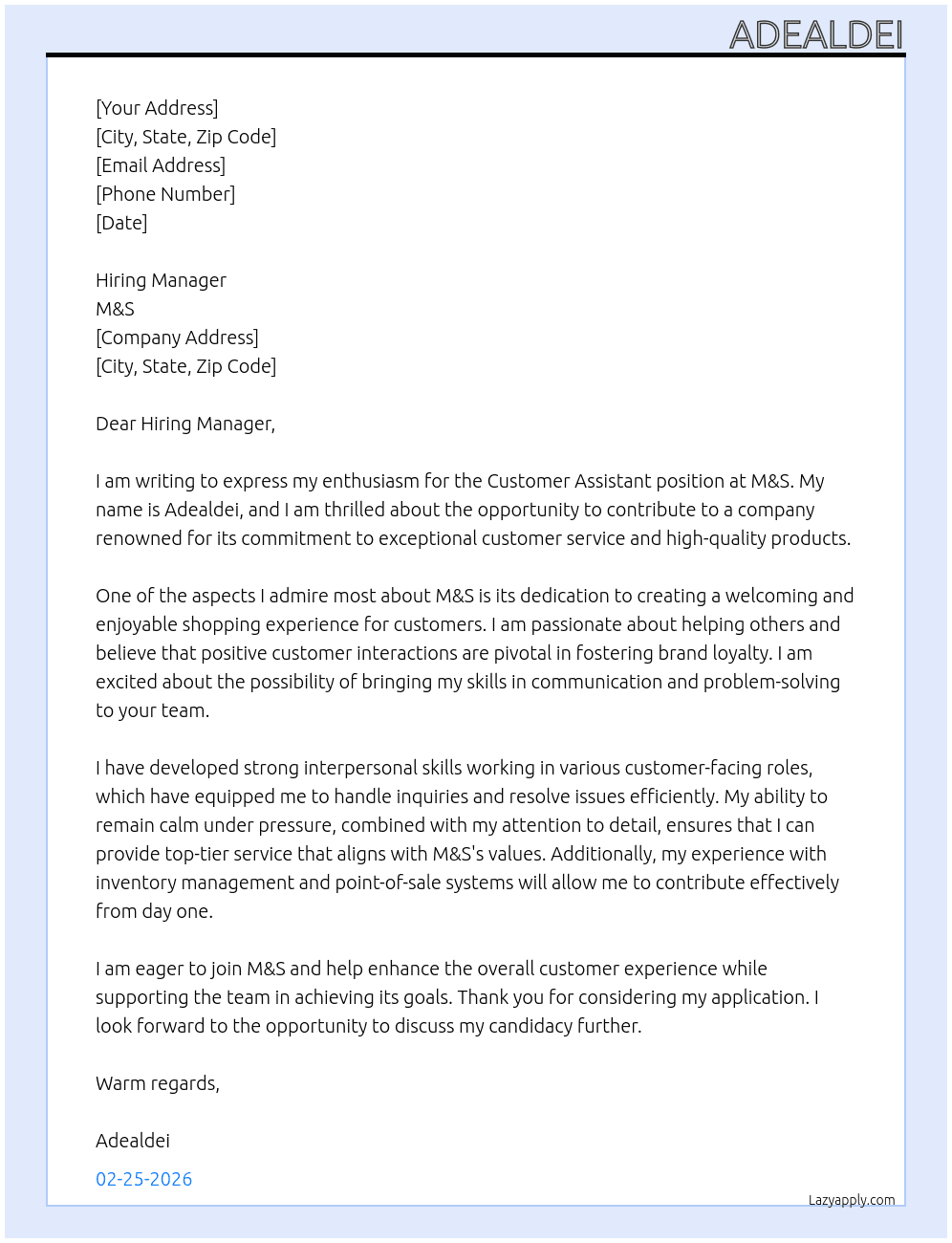 customer assistanct  At mand s Cover Letter