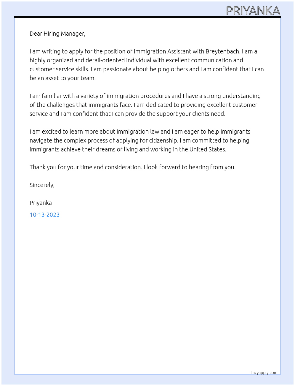 Immigration Assistant At Breytenbach Cover Letter