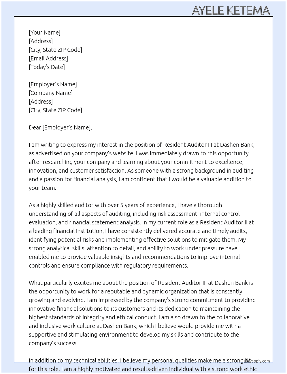 Resident Auditor III At Dashen Bank  Cover Letter