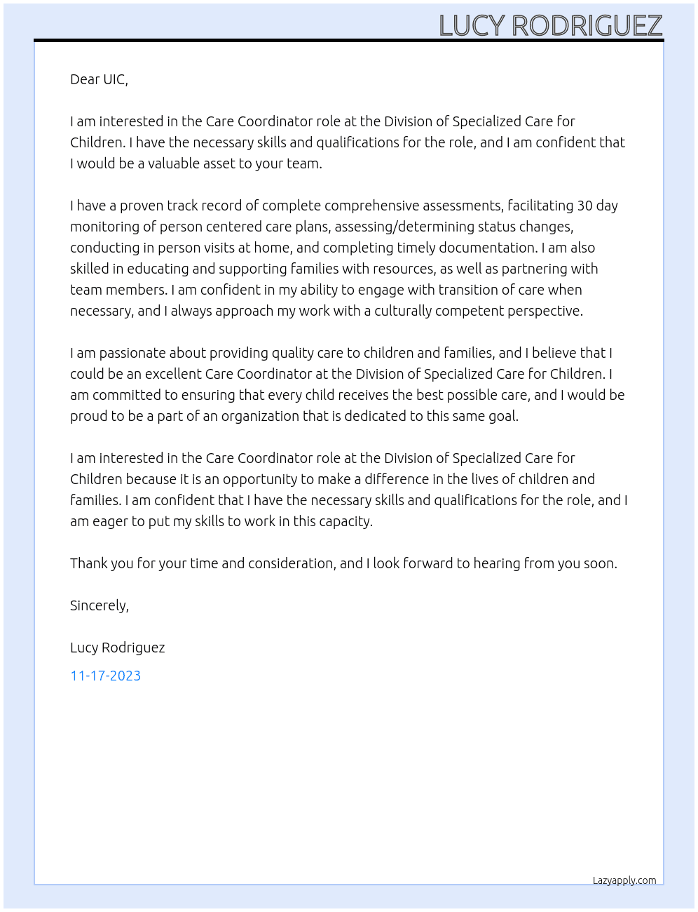 Care Coordinator At UIC Cover Letter