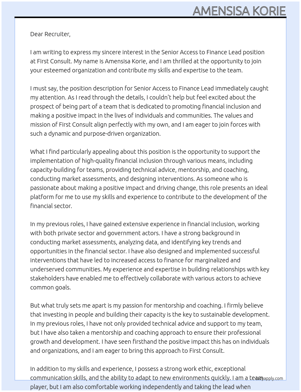 Senior Access to Finance Lead At First Consult Cover Letter