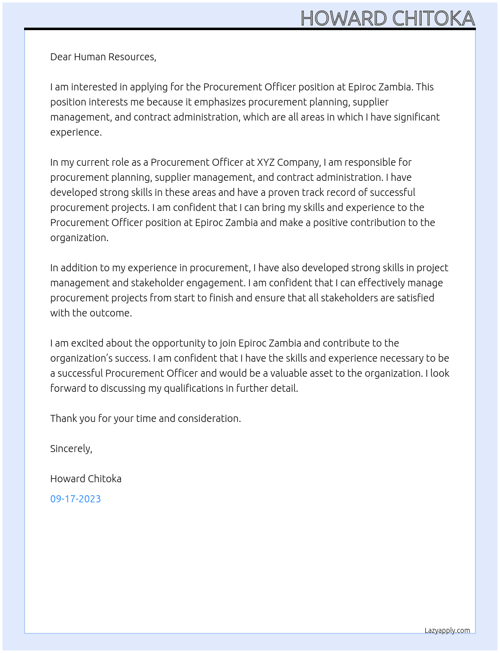 Procurement officer At Epiroc zambia Cover Letter