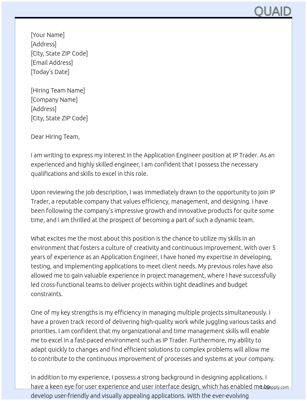 Application Engineer At IP Trader Cover Letter