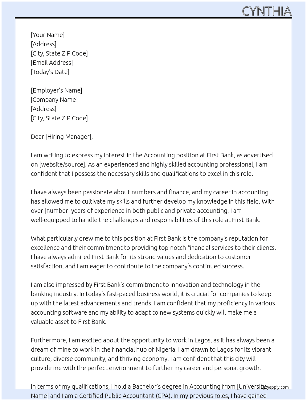 Accounting At First bank Cover Letter