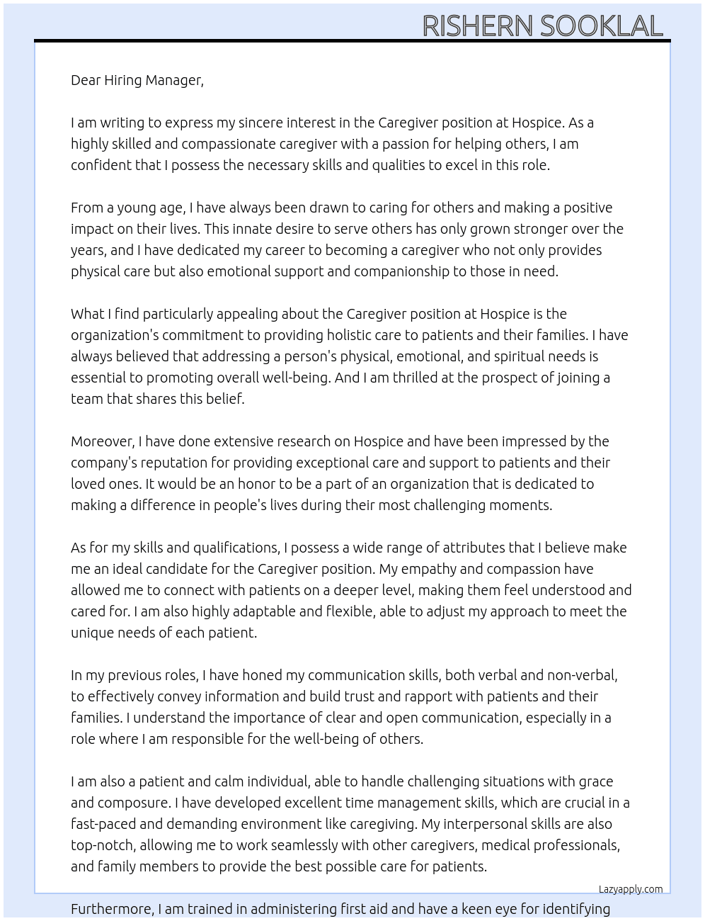 Caregiver  At Hospice  Cover Letter