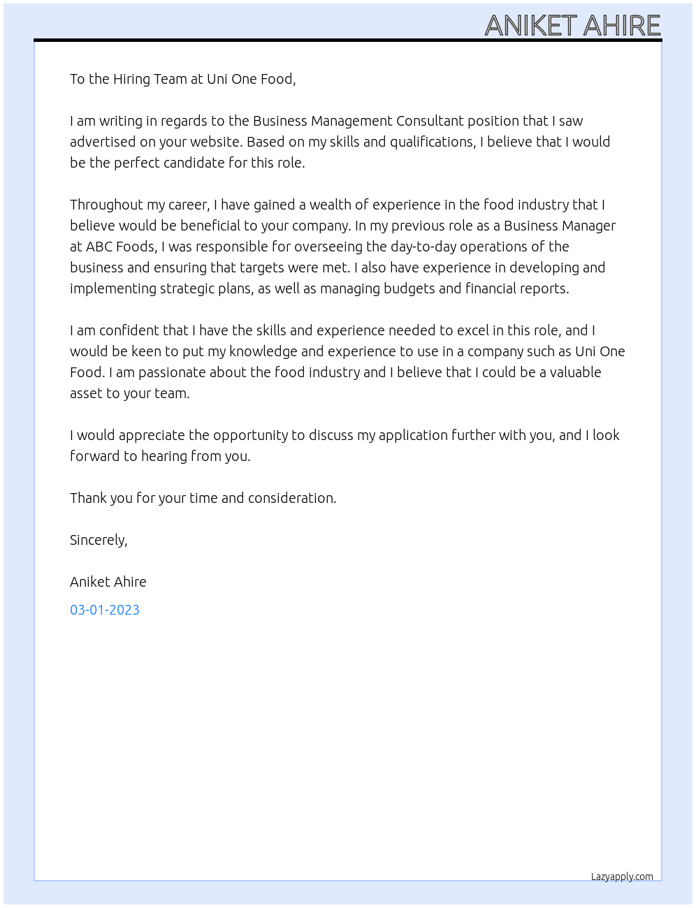 Business Management COnsultant At Uni One Food Cover Letter
