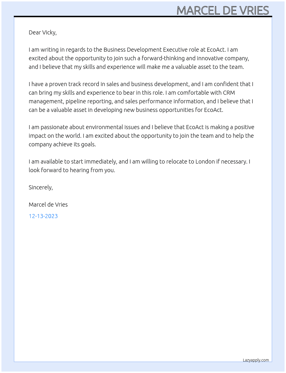Business Development Executive At EcoAct Cover Letter