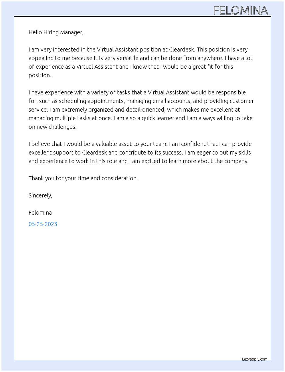 Virtual Assistant At Cleardesk Cover Letter