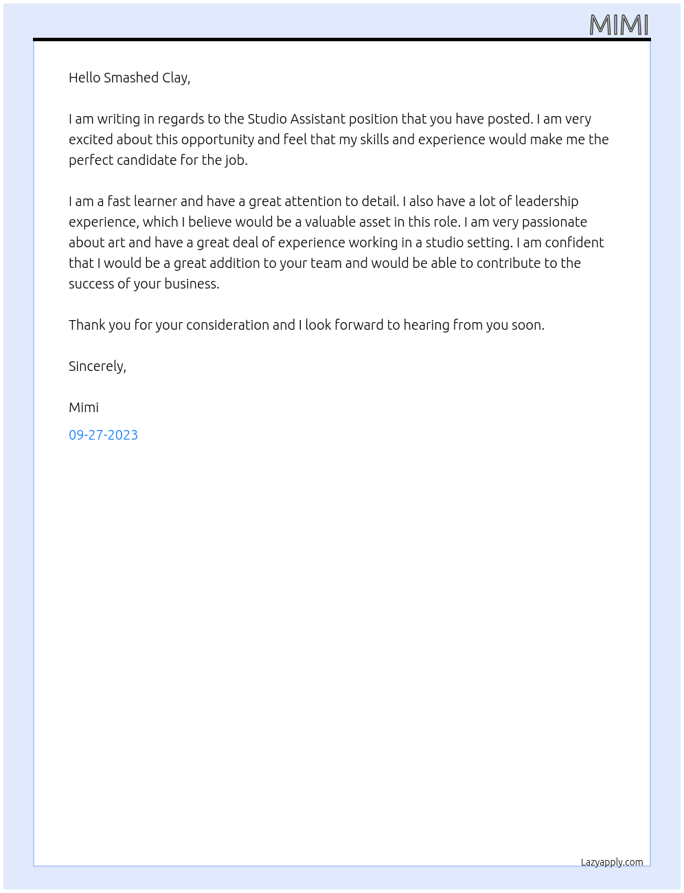 Studio Assistant At Smashed Clay Cover Letter