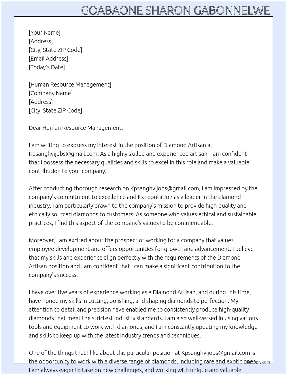 Diamond artisan  At Kpsanghvijobs@gmail.com Cover Letter
