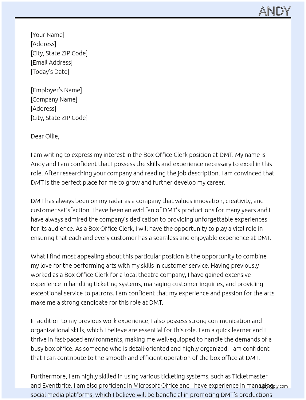 Box office clerk At DMT Cover Letter
