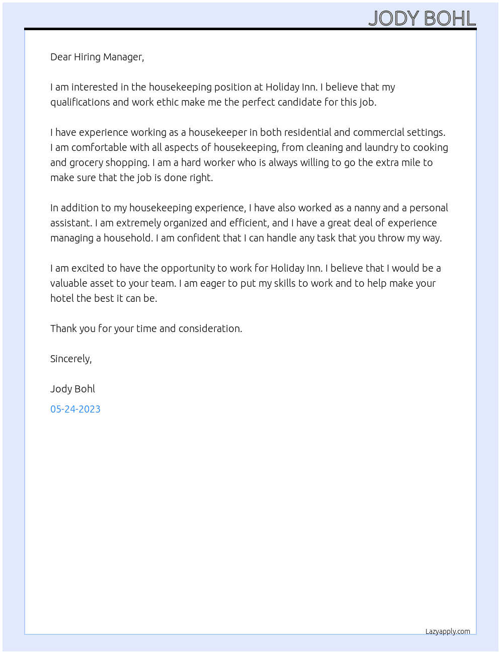 House keeper  At Holiday Inn Cover Letter