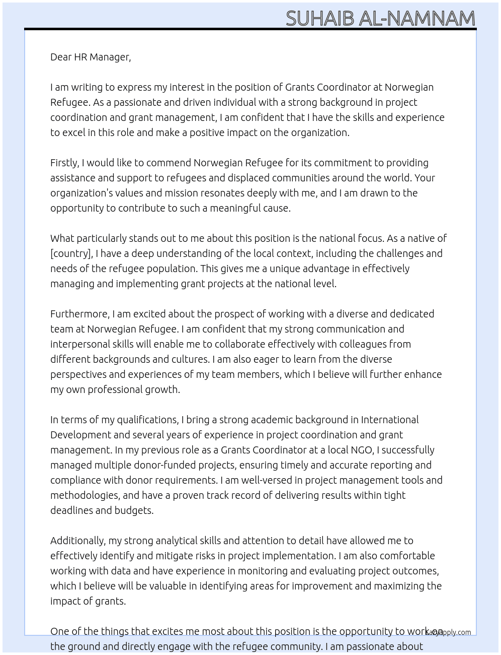 Grants Coordinator-National Position At Norwegian refugee  Cover Letter