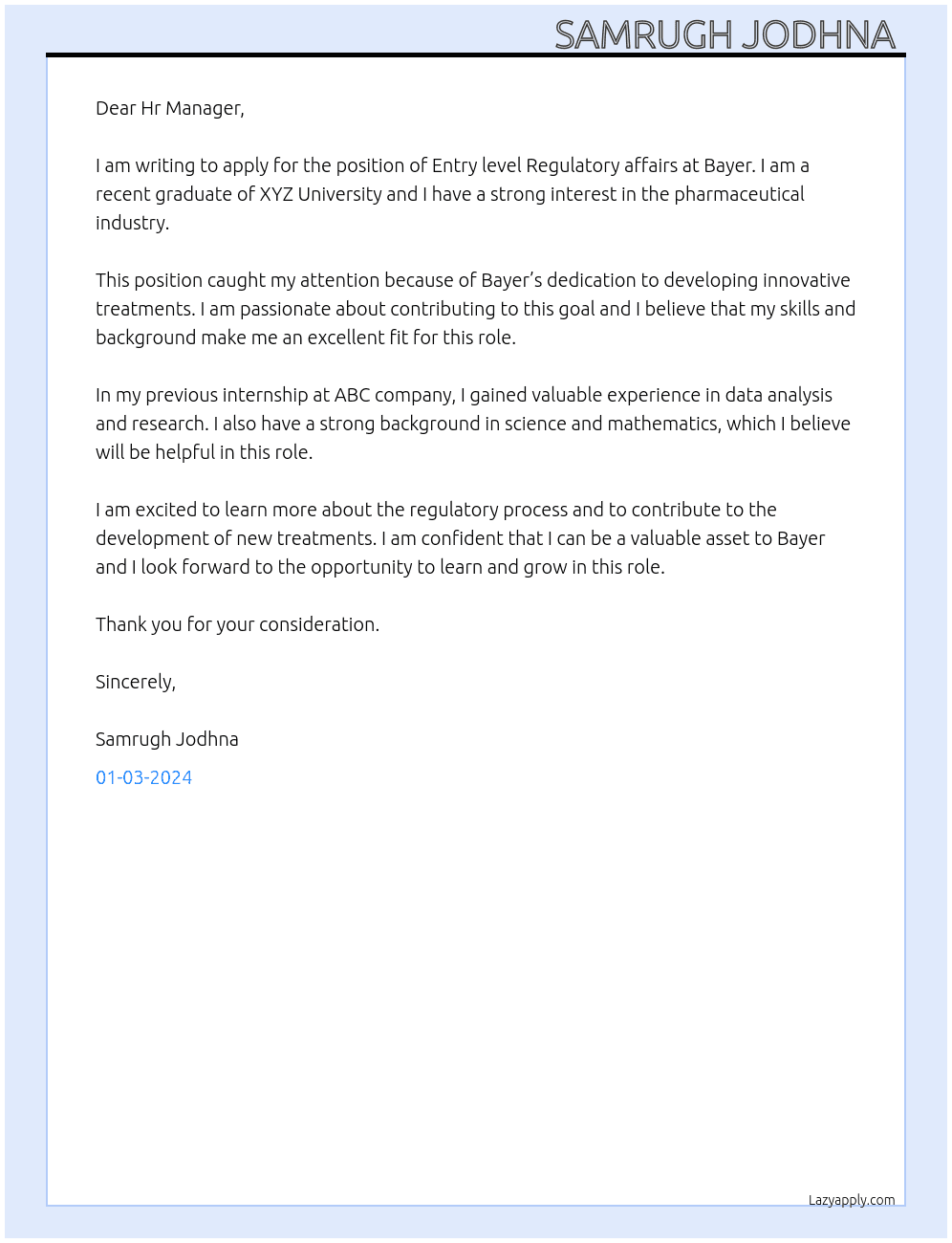 Entry level Regulatory affairs  At Bayer  Cover Letter