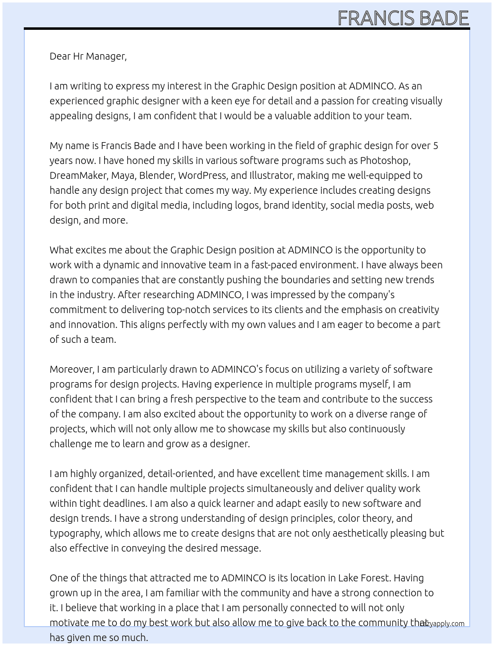 Graphic design  At ADMINCO Cover Letter