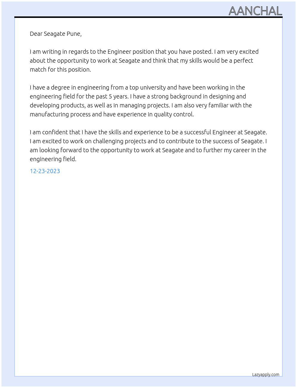 Enginner At Seagate  Cover Letter