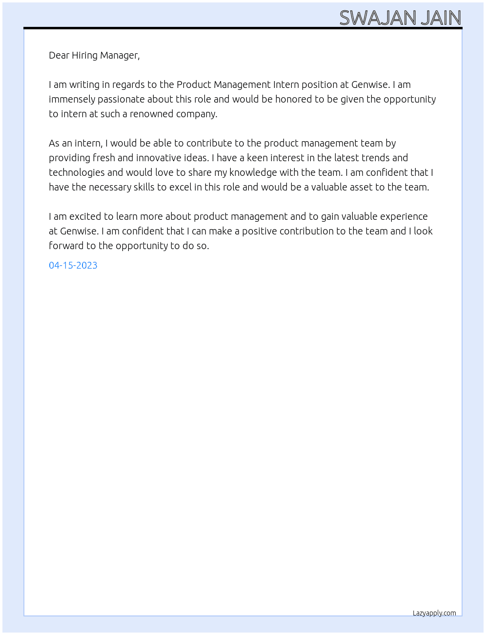 Product Management Intern At Genwise Cover Letter