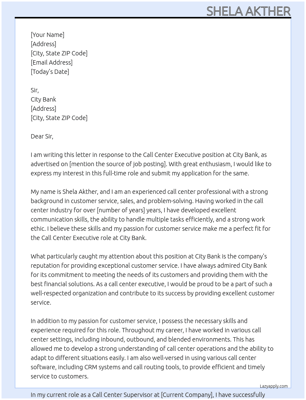 Call center executive At City Banl Cover Letter