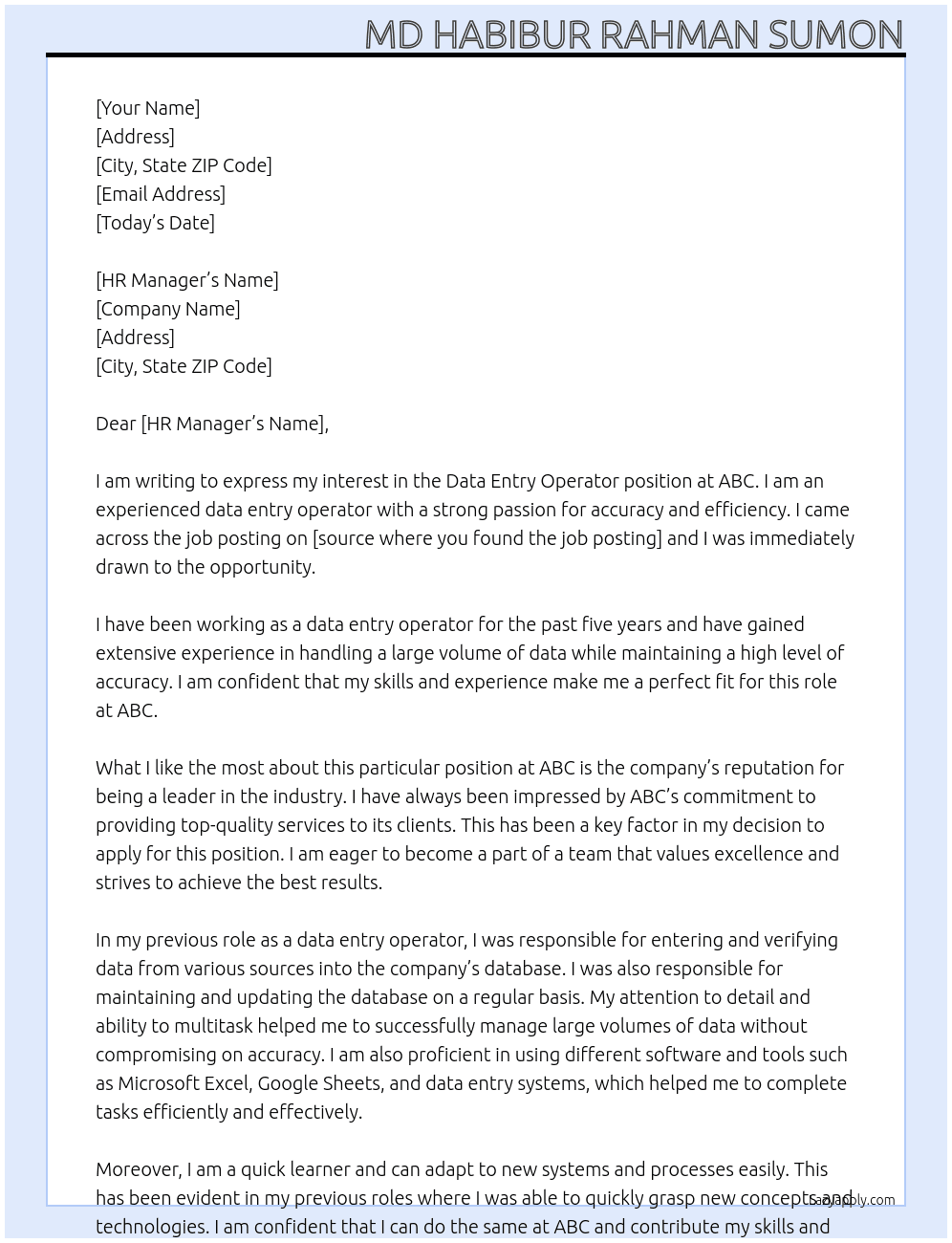 Data entry operator At Abc Cover Letter