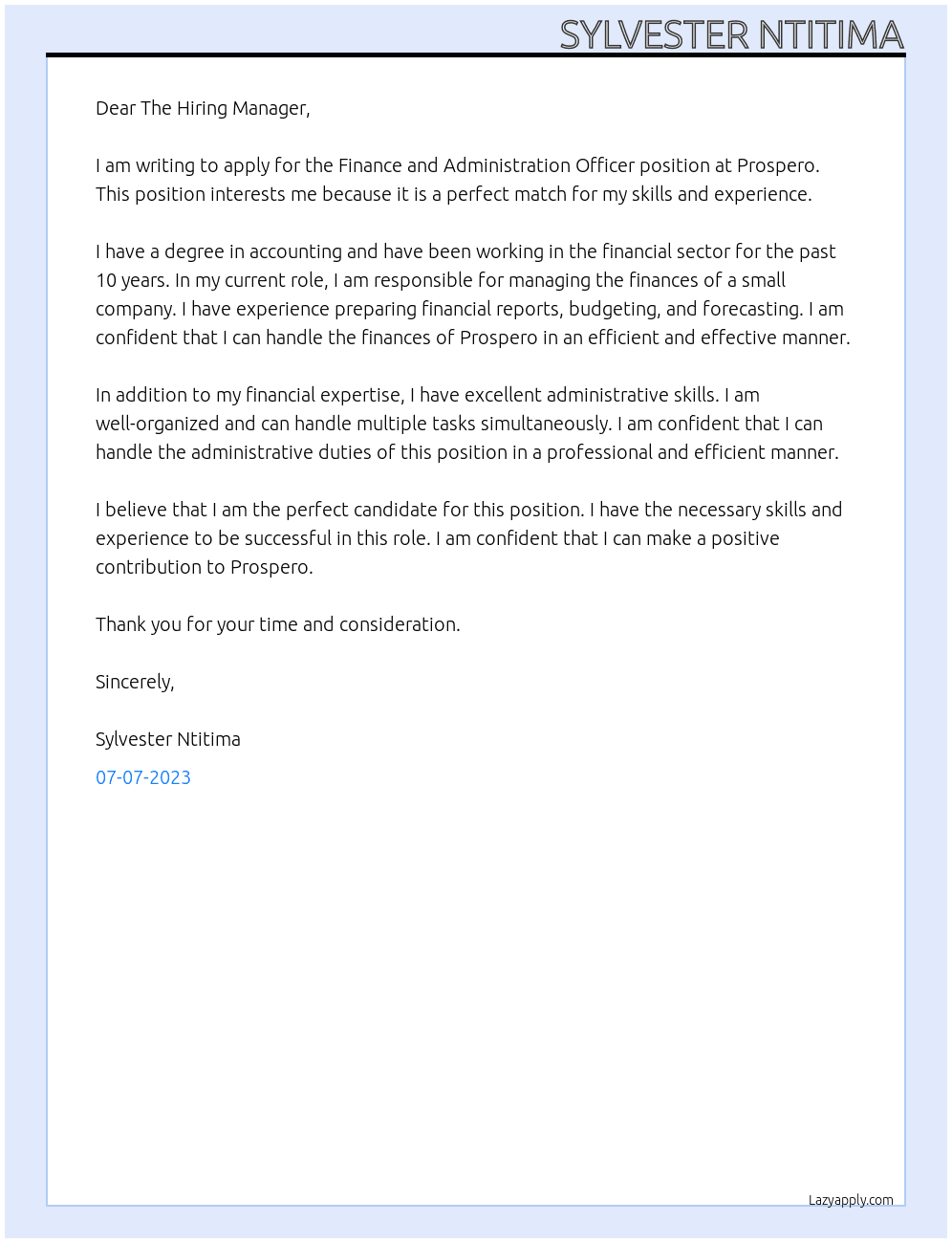 Finance and Administration Officer  At Prospero Cover Letter