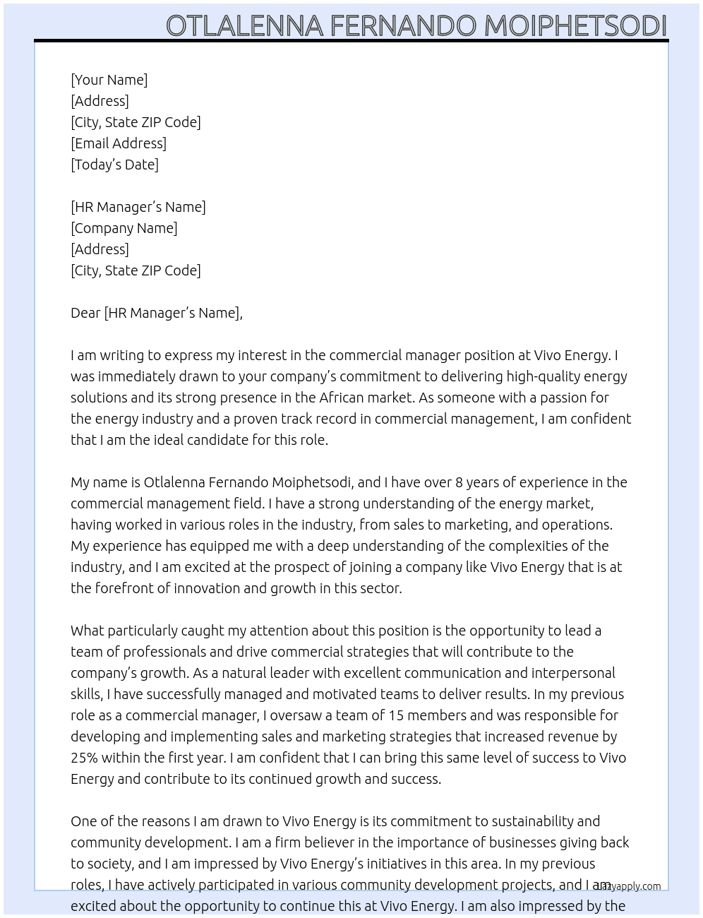 commercial manager At Vivo Energy Cover Letter