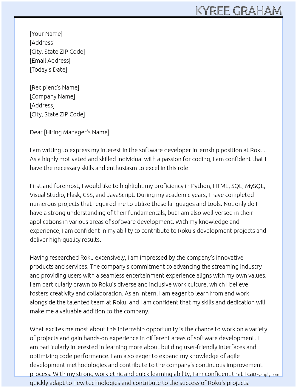 software developer At Roku Cover Letter