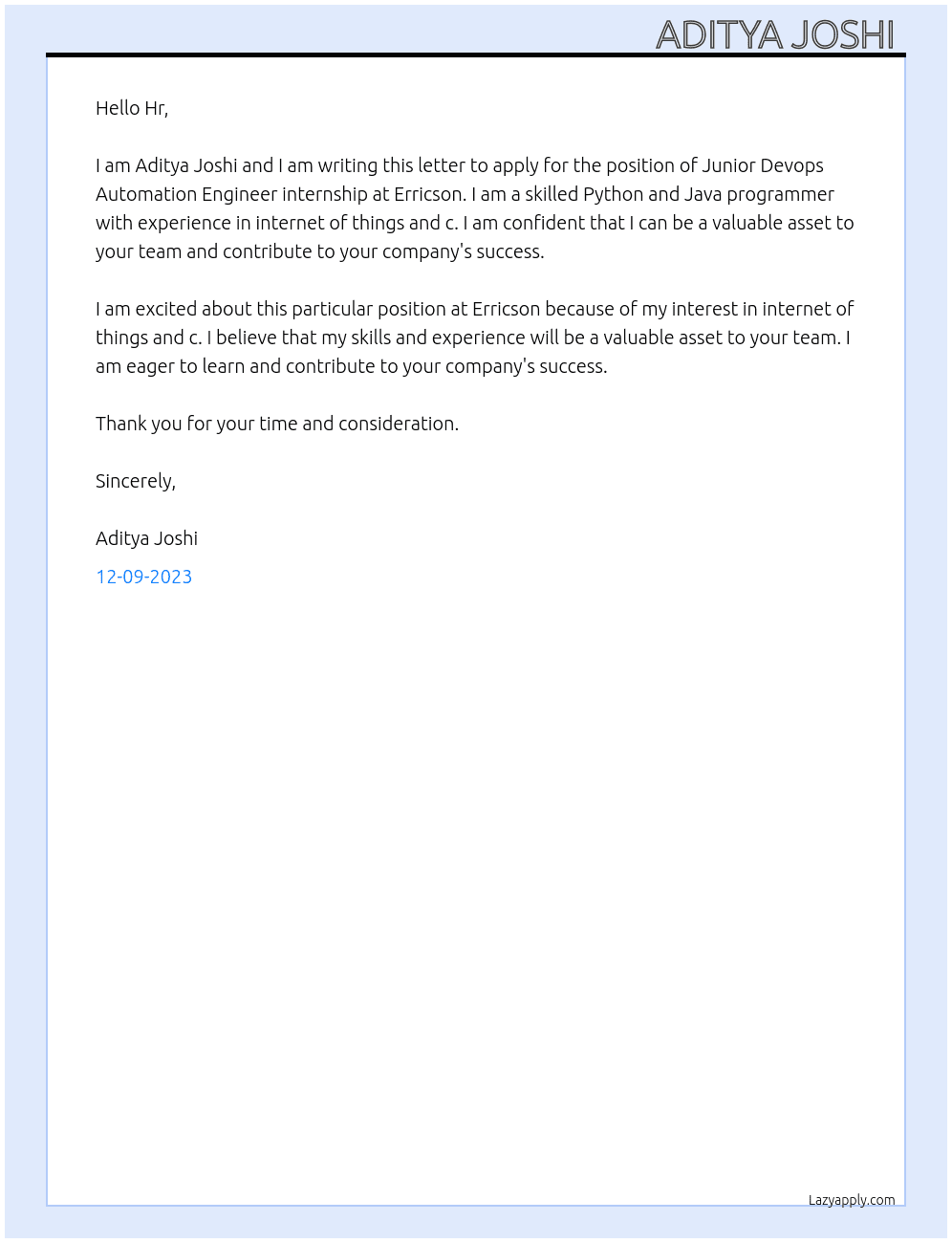 Junior Devops Automation Engineer internship  At Erricson  Cover Letter