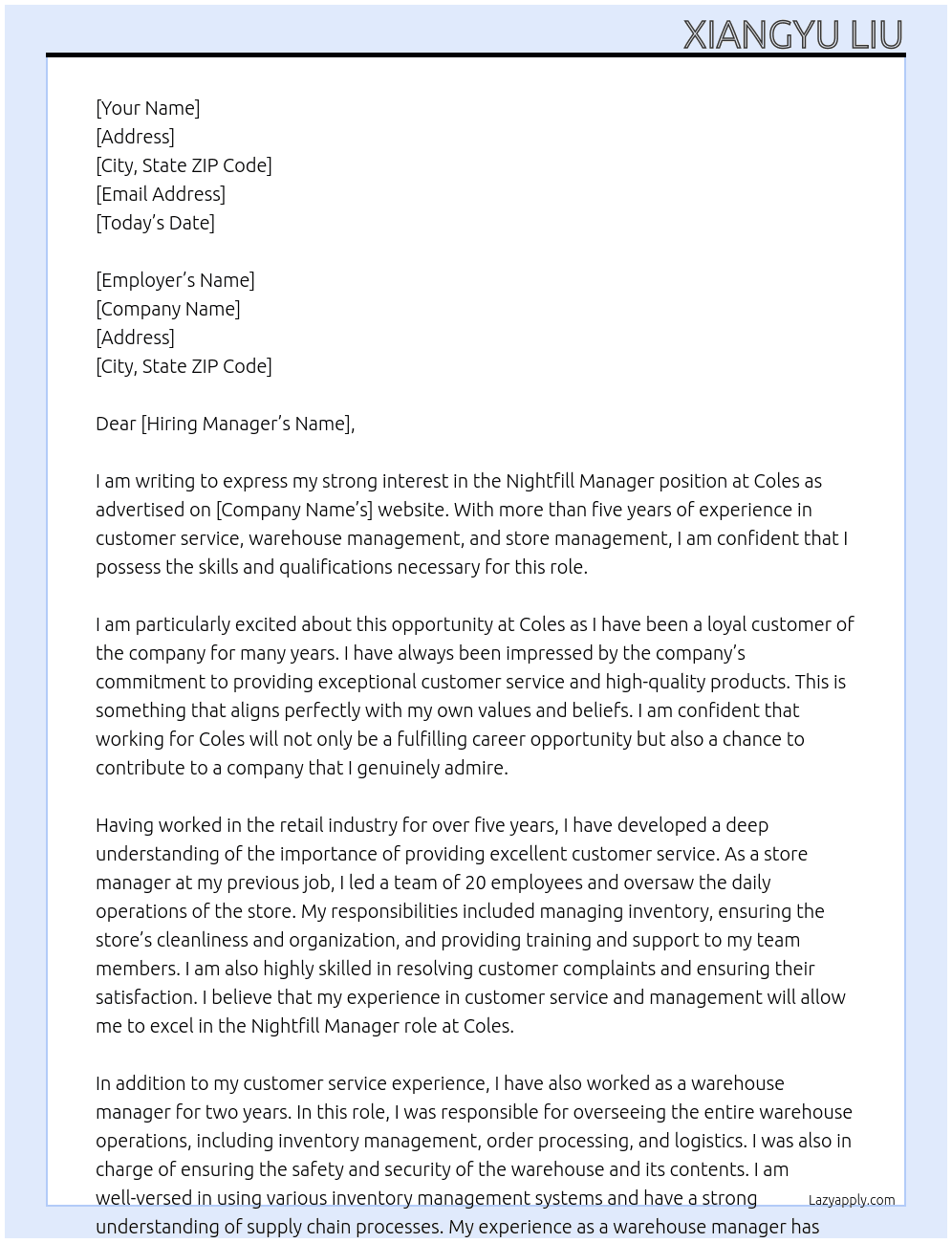 Nightfill Manager At Coles Cover Letter
