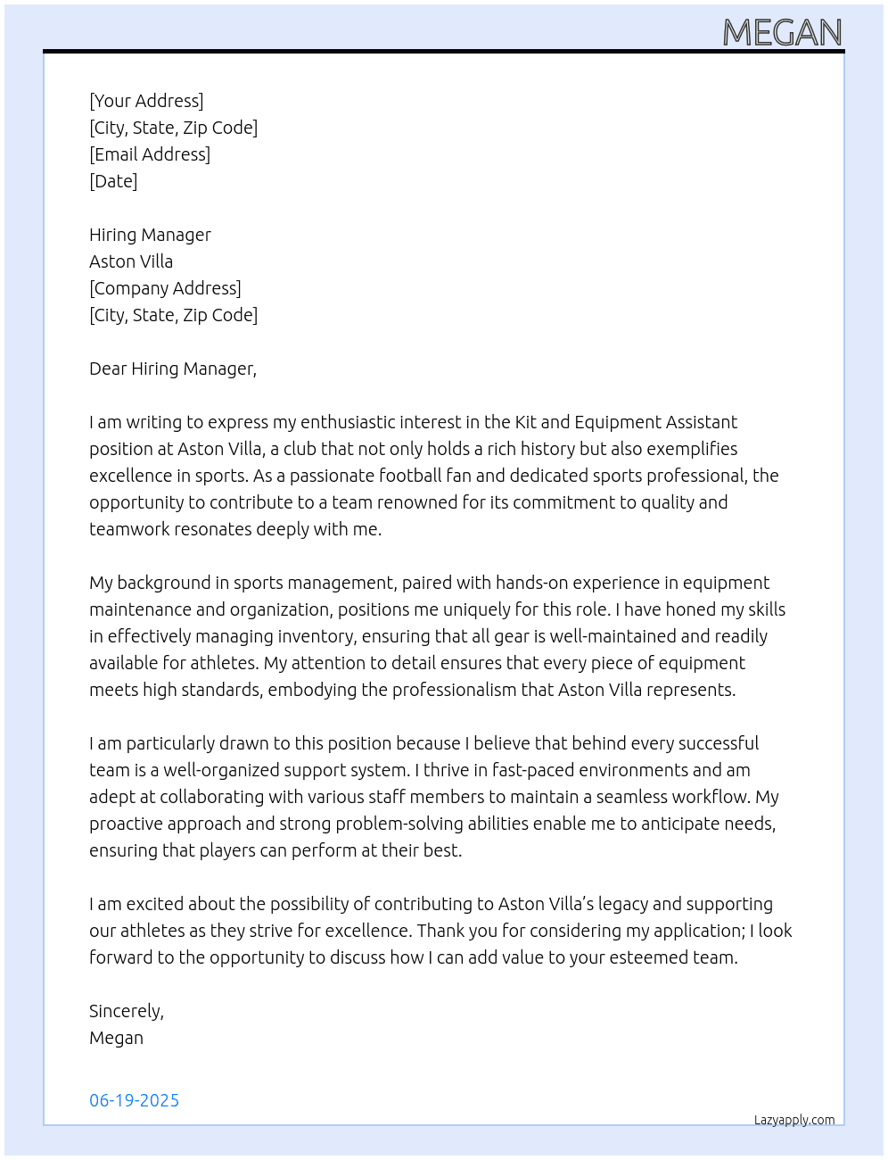 Kit and Equipment Assistant  At Aston Villa Cover Letter