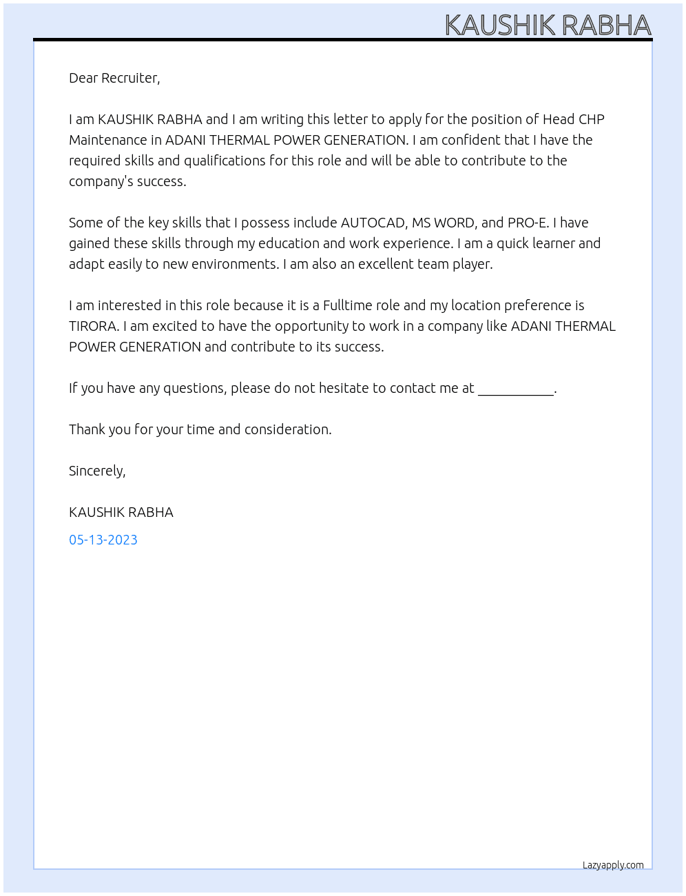 Head CHP Maintenance At ADANI THERMAL POWER GENERATION Cover Letter