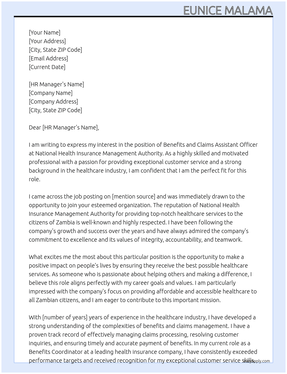 benefits and claims assistant officer At National Health Insurance Management Authority Cover Letter