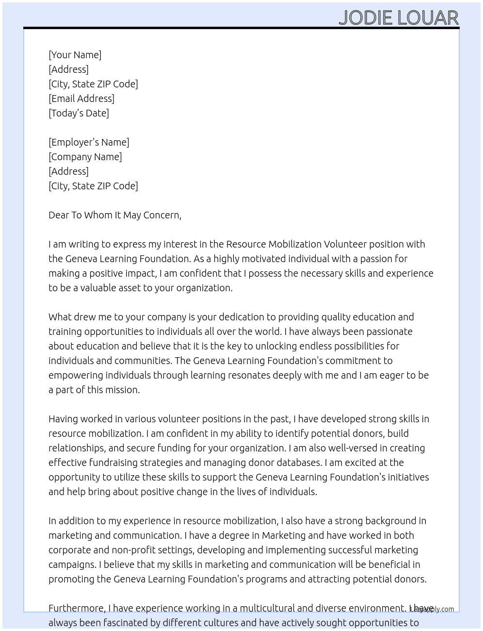 Resource Mobilization Volunteer At the Geneva Learning Foundation Cover Letter